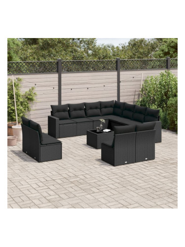 Sonata H Градински диван с възглавници, 12 части, черен, полиратан