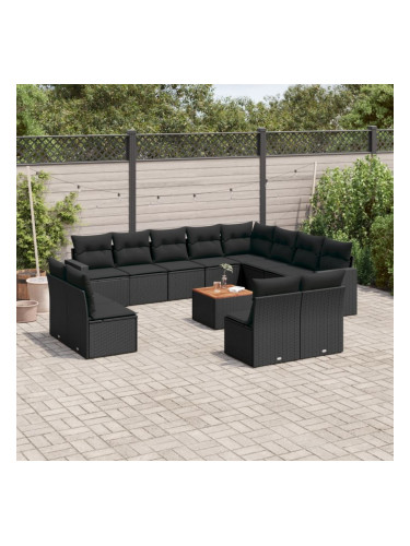 Sonata H Градински диван с възглавници, 13 части, черен, полиратан