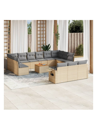 Sonata H Градински диван с възглавници, 14 части, бежов, полиратан