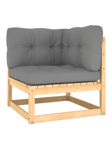Sonata H Градински ъглов диван със сиви възглавници, борово дърво масив