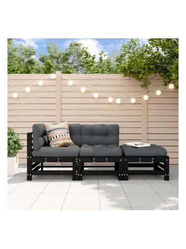 Sonata H Градински лаундж комплект, 3 части, черен, бор масив