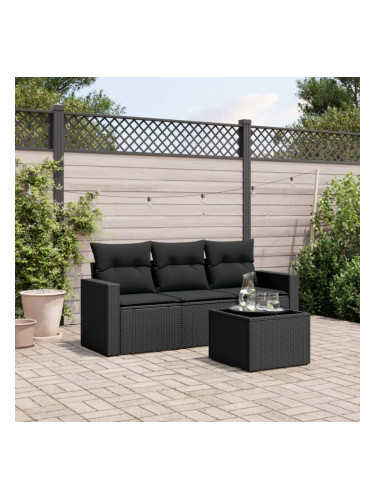 Sonata H Градински диван от 4 части с възглавници, черен, полиратан