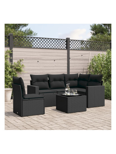 Sonata H Градински диван с възглавници, 6 части, черен, полиратан