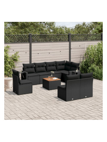 Sonata H Градински комплект диван с възглавници 9 части черен полиратан