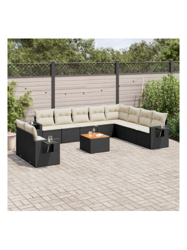 Sonata H Градински комплект диван с възглавници 11 части черен полиратан