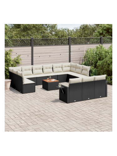 Sonata H Градински диван с възглавници, 14 части, черен, полиратан