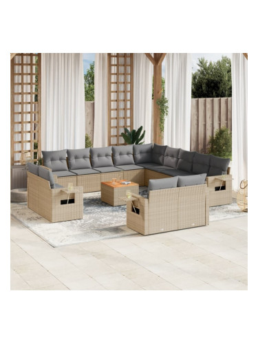 Sonata H Градински диван с възглавници, 14 части, бежов, полиратан