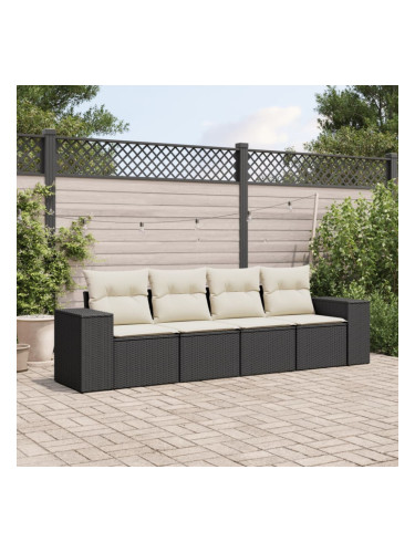 Sonata H Градински диван от 4 части с възглавници, черен, полиратан