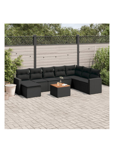 Sonata H Градински комплект диван с възглавници 9 части черен полиратан