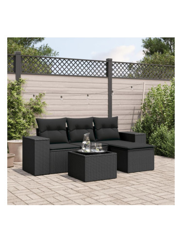 Sonata H Градински комплект с възглавници, 5 части, черен полиратан