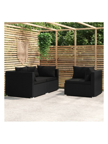 Sonata H Градински лаундж комплект с възглавници 3 части черен полиратан