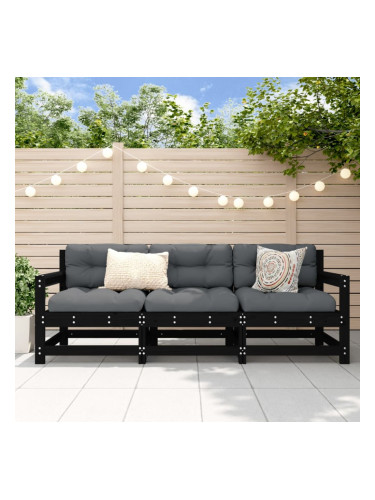 Sonata H Градински лаундж комплект, 3 части, черен, бор масив