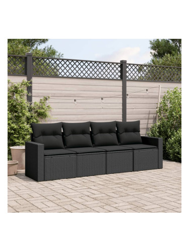 Sonata H Градински диван от 4 части с възглавници, черен, полиратан