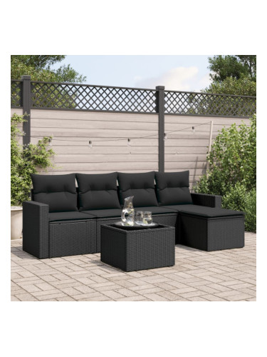 Sonata H Градински диван с възглавници, 6 части, черен, полиратан