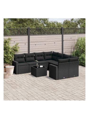 Sonata H Градински комплект диван с възглавници 9 части черен полиратан