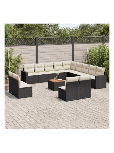 Sonata H Градински диван с възглавници, 14 части, черен, полиратан