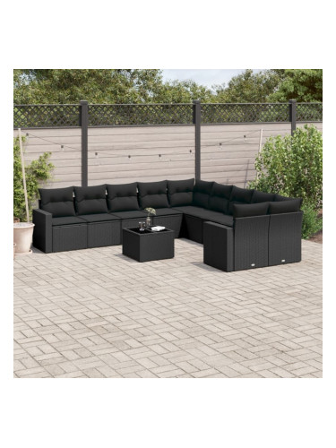 Sonata H Градински комплект диван с възглавници 11 части черен полиратан