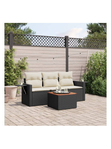 Sonata H Градински диван от 4 части с възглавници, черен, полиратан