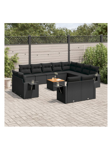 Sonata H Градински диван с възглавници, 13 части, черен, полиратан