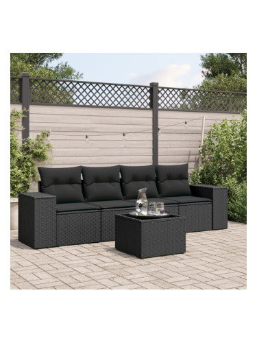 Sonata H Градински комплект с възглавници, 5 части, черен полиратан