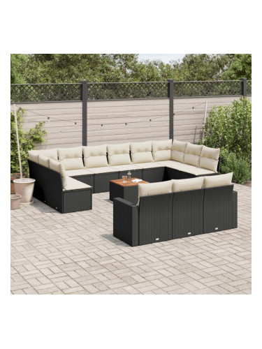 Sonata H Градински диван с възглавници, 14 части, черен, полиратан