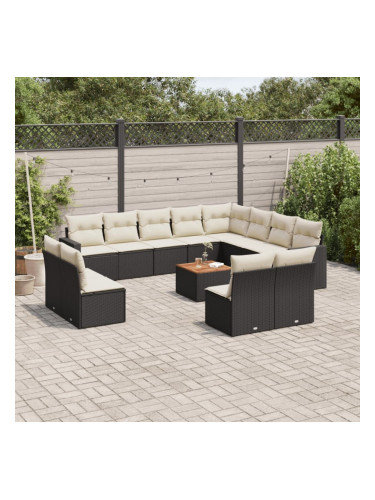 Sonata H Градински диван с възглавници, 13 части, черен, полиратан