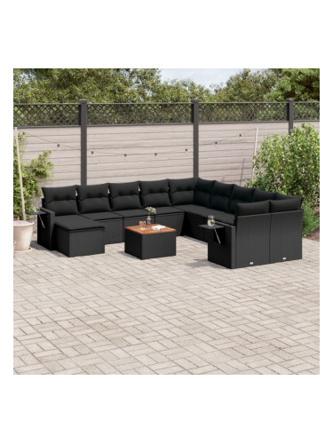 Sonata H Градински диван с възглавници, 12 части, черен, полиратан