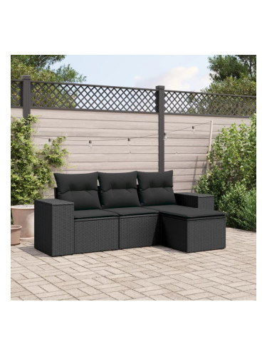 Sonata H Градински диван от 4 части с възглавници, черен, полиратан