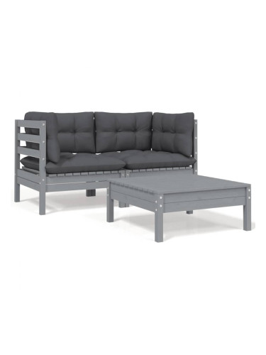 Sonata H Градински лаундж комплект 3 части с възглавници сив бор масив