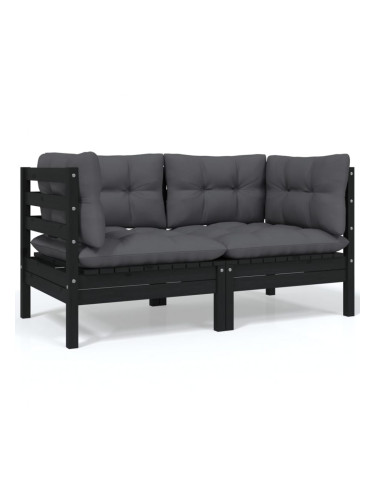 Sonata H 2-местен градински диван с възглавници, черен, бор масив