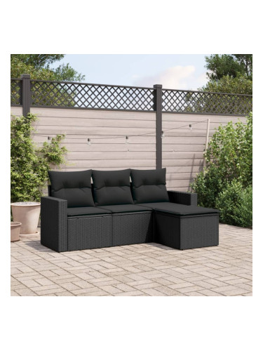 Sonata H Градински диван от 4 части с възглавници, черен, полиратан