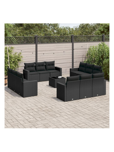 Sonata H Градински диван с възглавници, 13 части, черен, полиратан