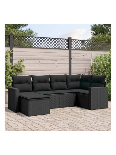 Sonata H Градински диван с възглавници, 6 части, черен, полиратан