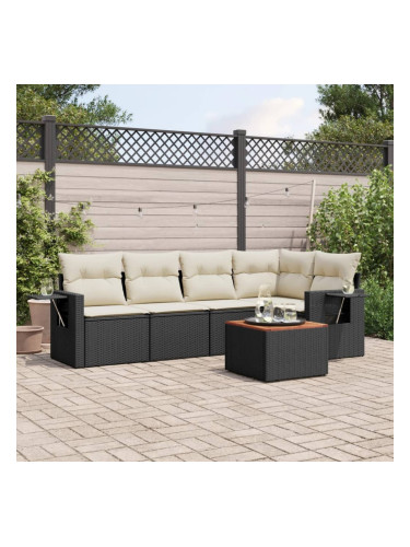 Sonata H Градински диван с възглавници, 6 части, черен, полиратан