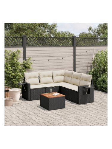 Sonata H Градински диван с възглавници, 6 части, черен, полиратан