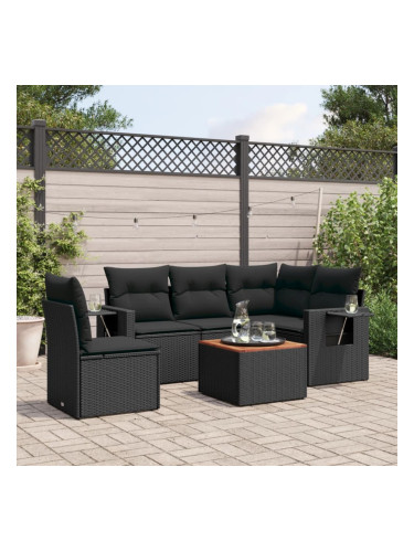 Sonata H Градински диван с възглавници, 6 части, черен, полиратан