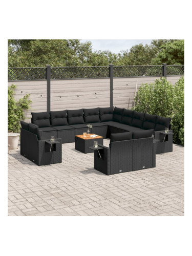 Sonata H Градински диван с възглавници, 14 части, черен, полиратан