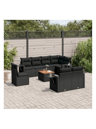 Sonata H Градински комплект диван с възглавници 9 части черен полиратан