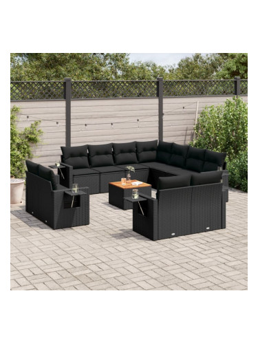Sonata H Градински диван с възглавници, 12 части, черен, полиратан