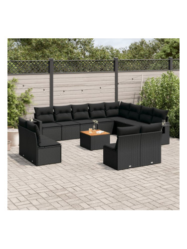Sonata H Градински диван с възглавници, 13 части, черен, полиратан