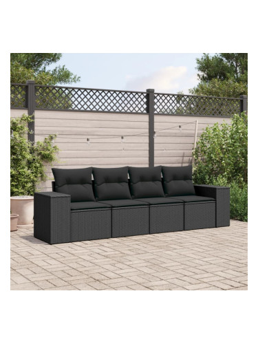 Sonata H Градински диван от 4 части с възглавници, черен, полиратан
