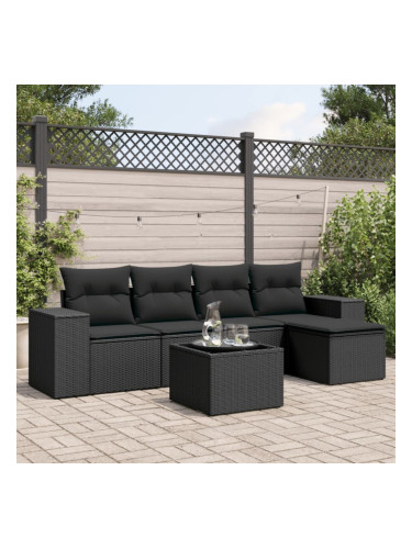 Sonata H Градински диван с възглавници, 6 части, черен, полиратан