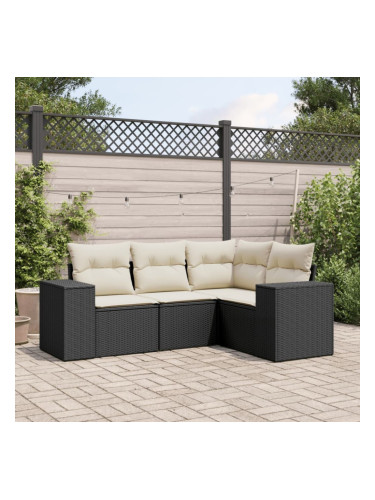 Sonata H Градински диван от 4 части с възглавници, черен, полиратан