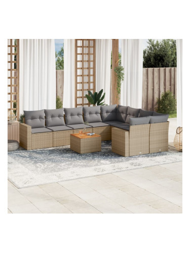 Sonata H Градински диван с възглавници, 10 части, бежов полиратан