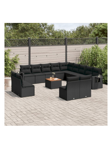 Sonata H Градински диван с възглавници, 14 части, черен, полиратан