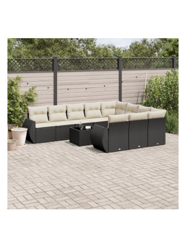 Sonata H Градински комплект диван с възглавници 11 части черен полиратан