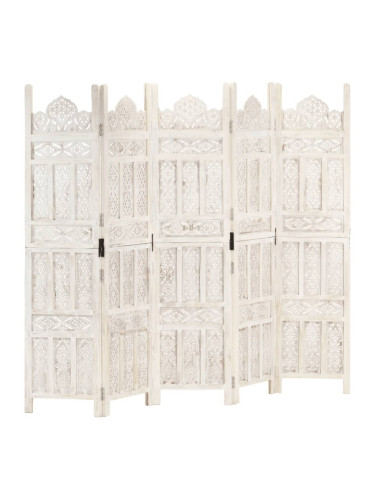 Sonata H Ръчно резбован параван, 5 панела, бял, 200x165 cм, манго масив
