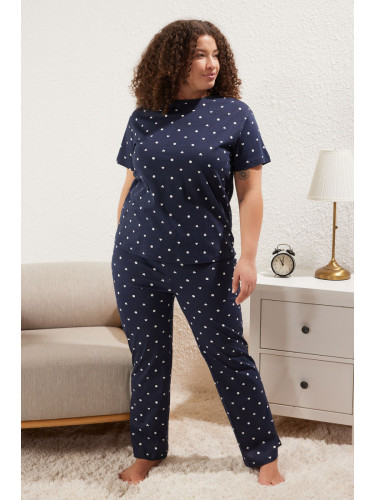 Trendyol Curve Navy Blue Heart Patterned Knitted Pajama Set