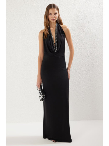 Trendyol Black Cowl Neck Shiny Stone Detailed Knitted Elegant Evening Dress