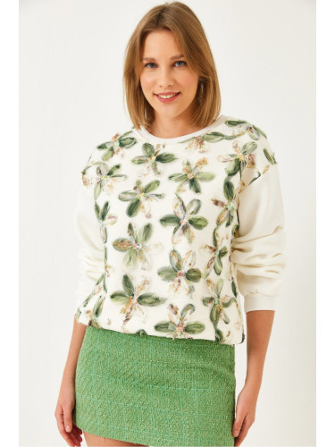 Bianco Lucci Women's Tulle Flower Detailed Three Thread Raised Sweatshirt